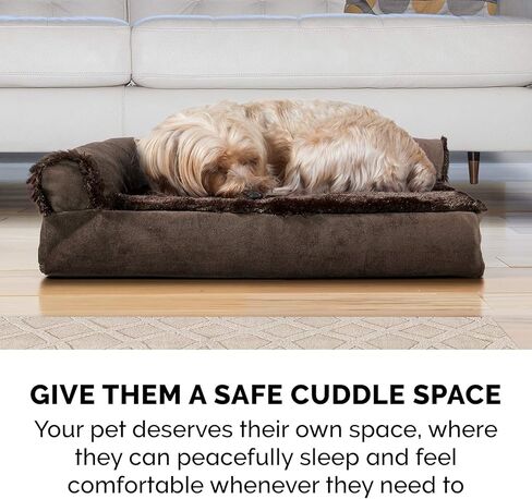 Furhaven Orthopedic Dog Bed for Large Dogs w/ Removable Bolsters & Washable Cover, For Dogs Up to 95 lbs - Two-Tone Plush Faux Fur & Suede L Shaped Chaise - Stone Gray, Jumbo/XL in Saudi Arabia