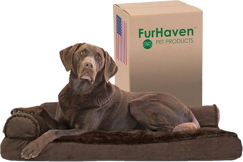 Furhaven Orthopedic Dog Bed for Large Dogs w/ Removable Bolsters & Washable Cover, For Dogs Up to 95 lbs - Two-Tone Plush Faux Fur & Suede L Shaped Chaise - Stone Gray, Jumbo/XL in Saudi Arabia