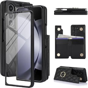 for Samsung Galaxy Z Fold 5 Wallet Case with Ring, 4 Card Slots & Cash Clip - Magnetic Clasp Closure, Front Tempered Glass Screen Protector & Reinforced Frame Protective Cover.(Green)