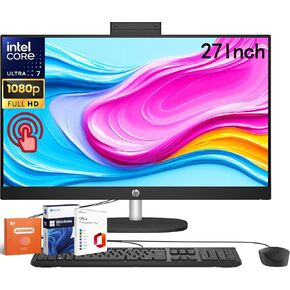 HP All-in-One Desktop Computer 27 Inch Touchscreen, Intel 12-core Ultra 7 155U, Intel IrisX GPU, 64 GB DDR5, 2 TB SSD, Wi-Fi 6, FHD IPS Anti-Glare, Windows 11 Pro, Lifetime Office Pro, w/Accessories
