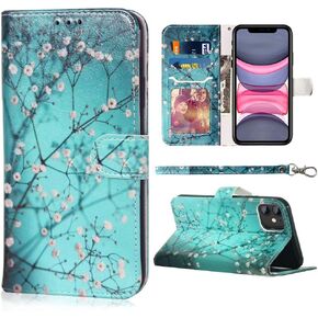 JanCalm Compatible with iPhone 11 Wallet Case, Floral Pattern Premium PU Leather [Wrist Strap] [Card/Cash Slots] Stand Feature Flip Cases Cover (Black Flower)