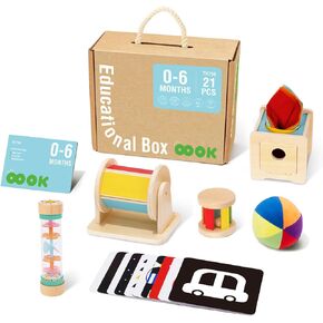 TOOKYLAND Montessori Toys for Babies 6-12 Months, 6 in 1 Learning Educational Set Wooden Toys (Includes Baby Rattle,Object Permanence Box, Wooden Book, Teething Toys and More)