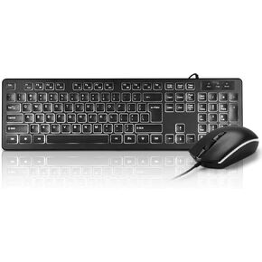 Wired White LED Backlit Keyboard and Mouse Combo,USB Lighted Computer Keyboards,Quiet Input Keyboard and Mouse for PC, Windows, Laptop,Office and Game