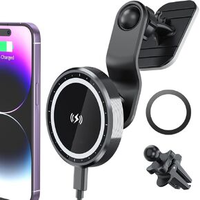 for Magsafe Car Mount Wireless Charger, Super 15W Fast Charging Compatible with iPhone16/15/14/13/12 /Pro/Max/Plus/Mini, Lengthen Arm, Stick on Dashboard/Clip to Air Vent Magnetic Phone Holder