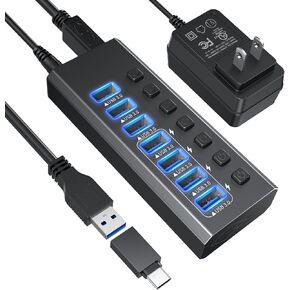 Powered USB Hub 3.2,10-Port USB 3.2/USB C Hub (10Gbps USB-A 3.2 +2 USB-C 3.2 +7 USB 3.0 Ports) with Individual On/Off Switches and 12V Power Adapter, Aluminum USB Hub Powered for Laptop PC