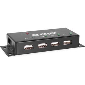 Coolgear 4 Port USB 2.0 Mini Metal Hub with Mounting Flanges, 480Mbps Data Transfer, LED Port Indicators, Includes Power Adapter