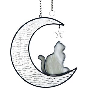 Stained Glass Cat on Moon Gifts, Cat Gifts for Cat Lovers, Handcrafted Black Cat Suncatchers for Stained Glass Window Hangings in Saudi Arabia