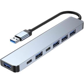 USB C Hub Splitter with Power Port, 7 in 1 Aluminum USB Port Extender Multiport USB C Adapter for MacBook, XPS, Surface and More Type C Laptops