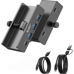EJAY Mountable 4Ports USB3.0 HUB Alu Desktop Clamp Type C USB3.0 Splitter for Desk/Monitors with Extra Power Supply Port,59inches Data & 39inches Power Cables-5Gbps(BJ-3A1C-BK)