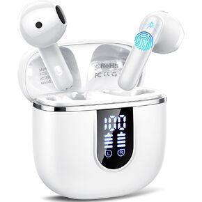 Wireless Earbuds, 2025 Bluetooth 5.4 Headphones in Ear Buds 3D Bass Stereo, 40H Ultralight Bluetooth Earbuds with 4 ENC Noise Cancelling Mic, USB-C, IP7 Waterproof Earphones for Android iOS Pad, White