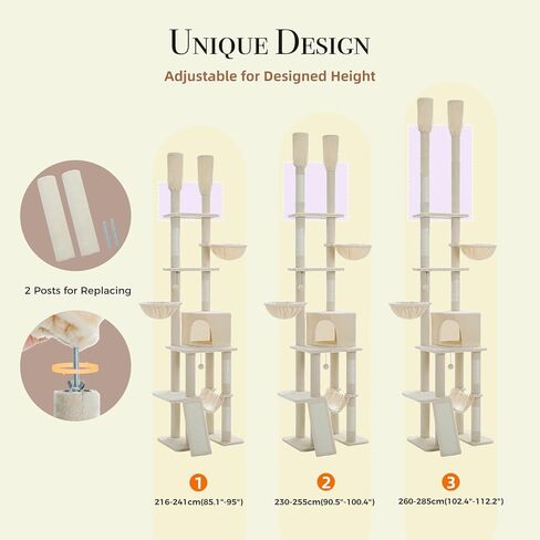 باوز رود برج للقطط من الارض الى السقف مع ارتفاع قابل للتعديل (241-273 سم)، مركز نشاط تسلق القطط من 5 طبقات مع ارجوحة مريحة ومنصات وكرات متدلية للقطط في الاماكن المغلقة in Kuwait