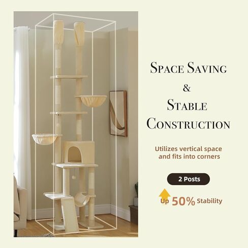 باوز رود برج للقطط من الارض الى السقف مع ارتفاع قابل للتعديل (241-273 سم)، مركز نشاط تسلق القطط من 5 طبقات مع ارجوحة مريحة ومنصات وكرات متدلية للقطط في الاماكن المغلقة in Kuwait