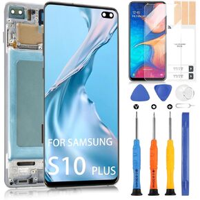 for Samsung Galaxy S10 Plus Screen Replacement - for Galaxy S10 Plus LCD Display Touch for Samsung S10+ / Plus G975F G975U G975W Panel Digitizer Assembly with Tools (Silver with Frame)