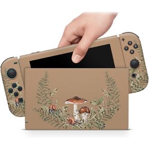 ZOOMHITSKINS OLED Switch Skin, Compatible with Switch OLED Skin Wrap, Forest Mushroom Autumn Fall Leaves Vintage Botanical GreenWood Brown, 3M Vinyl for Durable & Fit, Made in The USA