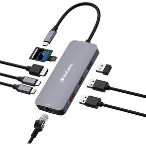 Verbatim USB C Hub 9 in 1 Multiport Adapter USB-C to HDMI RJ45 USBA-A and USB-C with SD Card Reader for Mac, MacBook Pro/Air, iPad Pro, Thinkpad, Windows Computer, Laptop and Co