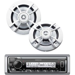 Kenwood KMR -D382BT Car & Marine Stereo - DIN واحد ، صوت بلوتوث ، CD USB MP3 ، AUX In ، AM FM Radio Siriusxm جاهز ، مقاوم للطقس (حزمة الصوت: المتلقي ومكبرات الصوت)