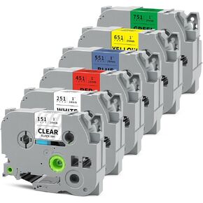 6-Pack 24mm 0.94" Label Tape Compatible for Brother Tze 24mm 0.94" Laminated Tape Tze-151 Tze-251 Tze-451 Tze-551 Tze-651 Tze-751 P Touch Tz 24mm White for PTD610BT PTD600 PTP710BT PTP750W