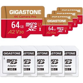 [5-Yrs Free Data Recovery] GIGASTONE 64GB Micro SD Card 5-Pack, 4K Camera Pro, A2 V30 Compatible with Gopro, Dash Cam, DJI, Drone, Security Camera, Speed Up to 95MB/s, UHS-I U3 C10, with Adapter