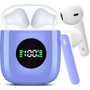 Wireless Earbuds, Bluetooth Headphones Stereo Ear Buds with Noise Cancelling Mic, 50H Playback with LED Display Charging Case, IP7 Waterproof in-Ear Earphones for Phone Laptop Sports, Blue