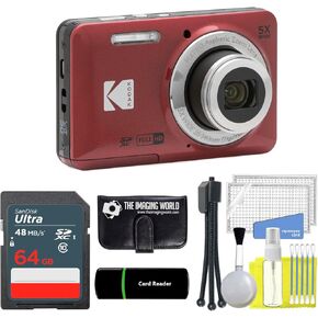 Kodak PIXPRO FZ55 Red 16MP Digital Camera 5X Optical Zoom 28mm Wide Angle 1080P Full HD Video 2.7" LCD Camera + 64GB Card and Reader + Memory Wallet + Tripod + Cleaning Bundle