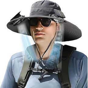 Wide Brim Solar Fan Outdoor Fishing Hat, 2 Solar Fan Hats for Men, USB & Solar Powered Fan Hat, Sombrero para el Sol Hombre, Sombrero con Ventilador Solar Black