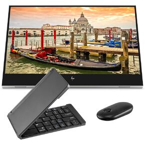 HP E14 G4 FHD (1920 x 1080) Portable Travel Monitor Bundle with 2 USB Type-C, Black Matte Bluetooth Folding Wireless Keyboard, and Black Pebble M355 Bluetooth Wireless Mouse