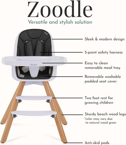 Evolur Zoodle 2-in-1 High Chair for Baby & Toddler – Convertible High Chair to Toddler Chair, Padded Seat, 5-Point Safety Harness, Dual Dishwasher-Safe Trays, Solid Beechwood Legs – Pink in Kuwait