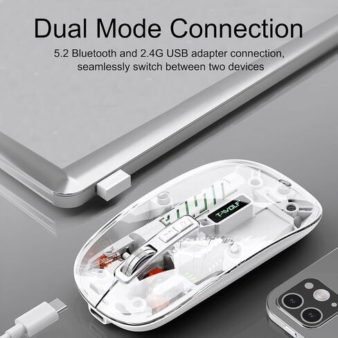 Wireless Bluetooth Mouse, Rechargeable BT5.2 & 2.4G Dual Mode Portable Optical Mouse with Adjustable DPI, Transparent Shell, RGB Light, Silent Gaming Mice for Laptop/PC/Tablet, White in Saudi Arabia