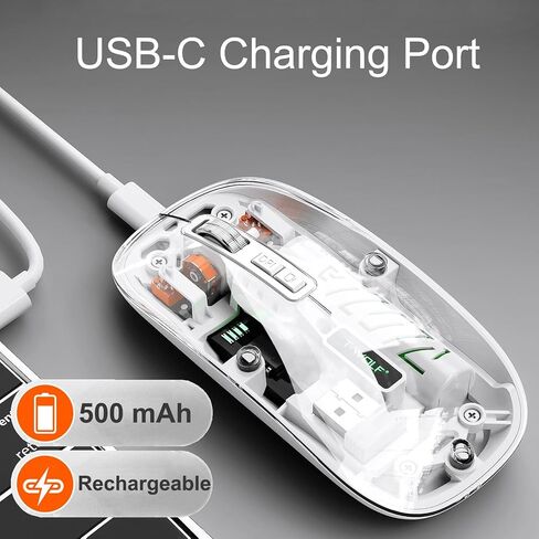 Wireless Bluetooth Mouse, Rechargeable BT5.2 & 2.4G Dual Mode Portable Optical Mouse with Adjustable DPI, Transparent Shell, RGB Light, Silent Gaming Mice for Laptop/PC/Tablet, White in Saudi Arabia