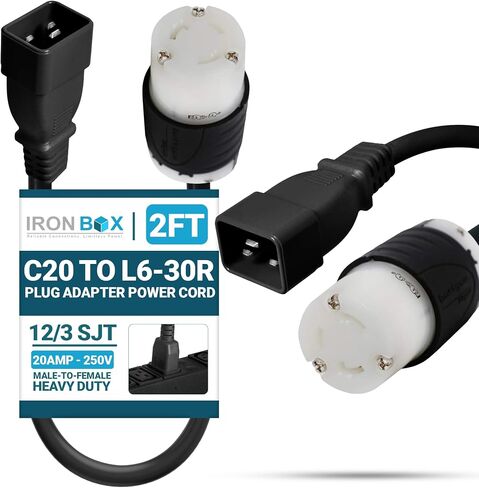 Ironbox Electric IEC C20 إلى L6-30R محول سلك الطاقة - 20 أ ، 250 فولت ، 12/3 SJT - UL Supply مدرج - كابل تمديد الثقيلة لمراكز البيانات ، PDU ، المولد ، مكبر للصوت والمزيد (2 قدم ، بناء) in Kuwait