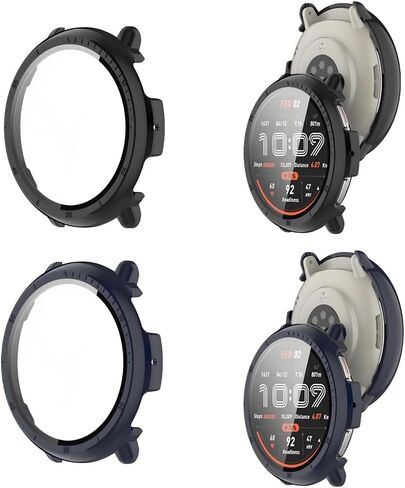 2 عبوات قضية كمبيوتر صلب مع واقي شاشة زجاجي 9H مقسى لـ AmazFit Active 2 ، غطاء الوفير الواقي ، حالة مشاهدة مقاومة للصدمات المضادة للخلع (Black+Blue) in Kuwait