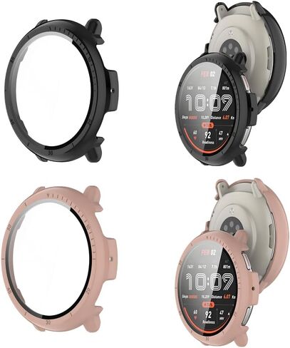 2 عبوات قضية كمبيوتر صلب مع واقي شاشة زجاجي 9H مقسى لـ AmazFit Active 2 ، غطاء الوفير الواقي ، حالة مشاهدة مقاومة للصدمات المضادة للخلع (Black+Blue) in Kuwait