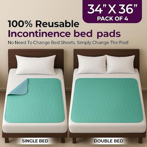 Epicessentials (Pack of 4) Waterproof Incontinence Bed Pads 34 x 36 inches, Quilted Absorbent & Washable Bed Pads for Pets, Adults and Kids, Reusable Underpads (Green/Blue) in Saudi Arabia