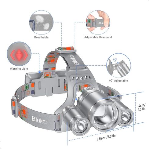 Blukar Head Torch Rechargeable, 8000L Super Bright Headlamp with 3 Lights 5 Modes, 4400mAh Capacity Up to 18hrs Runtime - IPX6 Waterproof Adjustable Focus Headlight for Running, Hiking, Fishing etc. in Saudi Arabia