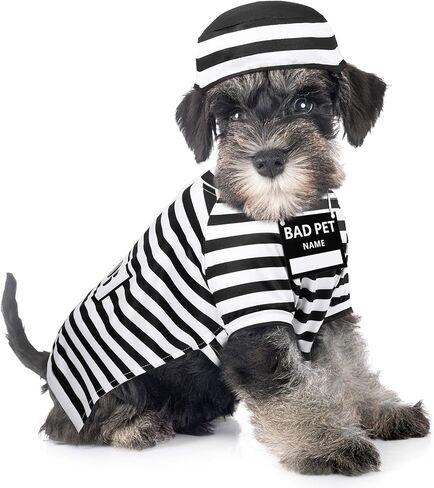Funny Dog Prisoner Costumes Halloween Dog Prison Pooch Shirts Washable Dog Hat and Card for Halloween Dog Puppy Pet Cosplay (X-Small) in Kuwait