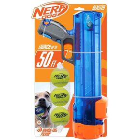 Nerf Dog Compact Tennis Ball Blaster Gift Set, Great for Fetch, Hands-Free Reload, Launches up to 50 ft, Single Unit, Includes 3 Balls, 4791, Translucent Blue