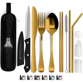 Portable Travel Silverware Set With Case, Includes 10 Pcs of Travel Utensils With Case, Stainless Steel Flatware Set For Camping, Lightweight (Black)