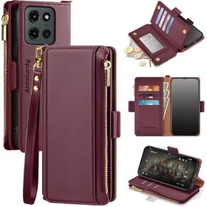 Antsturdy Compatible with Motorola Moto G 5G 2025 Wallet Case with Card Holder,Women Men PU Leather Flip RFID Blocking Stand Wrist Strap Zipper Credit Card Slots Shockproof Phone Cover,Wine Red