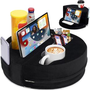 2-in-1 Couch Cup Holder & Adjustable Tablet Stand – Couch Caddy with Cup Holder with 6 Holes & 2 Pockets | Bed Reading Pillow Hands Free Pad Stand for Drinks, Books, Pad, Kindle, Snacks (Black)