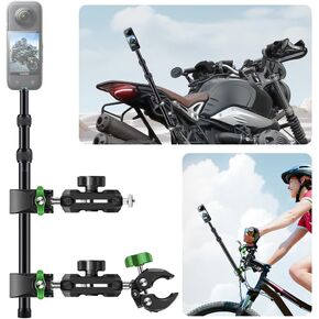360 Degree Dual Ball Clamp Mount Aluminum Alloy Stainless Steel Bicycle Motorcycle Handlebar Stick Pole Kits for Go Pro 12 11 10 9 8，Insta360 X4/X3/ONE RS/GO 3S，DJI Action 4 Osmo Pocket 3