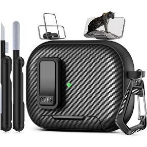 Compatible with AirPods Pro 2nd Generation Case with Phone Stand,（with Lock Clip） Carbon Fiber Design Protection Cover for Airpods Pro 2nd/1st Gen (2023/2022/2019) Whit Cleaning Pen - Balck