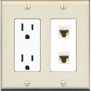 RiteAV - 15 Amp Power Outlet 2 Port Cat6 Ethernet White Decorative Wall Plate