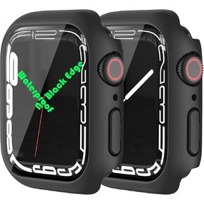 HANKN (2 Pack) No Black Edge Waterproof Hard Case for Apple Watch Series Tempered Glass Screen Protector Case, Full Protective Anti-Scratch Iwatch Bumper Cover (Gold, 46mm-Waterproof)