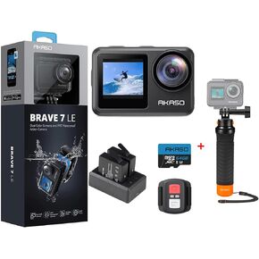 AKASO Brave 7 LE Action Camera with 64GB U3 SD Card and Waterproof Floating Hand Grip Bundle