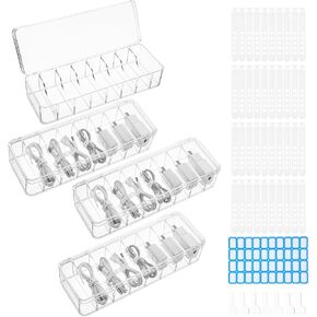 4 Pack Cord Storage Organizer with 40 Silicone Ties and 40 Stickers, Clear Cable Management Boxes Cable Storage Organizer Charger Organizers, Plastic Box with Lid for Office, Home, Desk Drawer Box