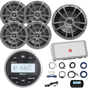JBL PRV-175 Marine Gauge Hole Mount USB Bluetooth AM/FM Receiver, Remote, Extension Cable, Amplifier, Kit, Wire, USB Adapter, Antenna, 10" Subwoofer, 4x 6.5" 180 Watt Boat Audio Speakers (White)