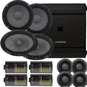 ALPINE R Series Speaker Upgrade Package - One Pair of R2-S65C 6.5" 2-Way Component Speakers, One Pair of R2-S69C 6x9 2-Way Component Speakers and 4 Channel S Series Amplifier