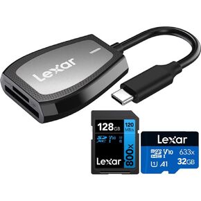 Lexar LRW470U-RNHNU Pro USB-C Dual-Slot Reader Bundle with Lexar 128GB High-Performance 800x UHS-I SDHC Memory Card (Blue Series) + 633x microSDHC/microSDXC UHS-I 32GB Memory Card
