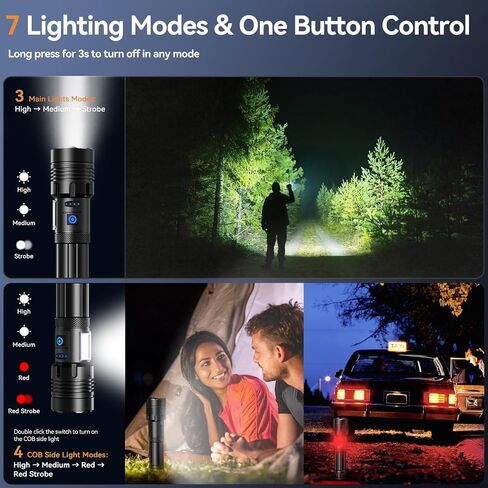 Rechargeable Flashlight High Lumens Super Bright Zoomable LED Flashlight with COB SideLight,Powerful Long Distance Handheld Flashlights,Waterproof Linternas for Camping Hiking Home Emergency Gift in Saudi Arabia