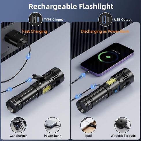 Rechargeable Flashlight High Lumens Super Bright Zoomable LED Flashlight with COB SideLight,Powerful Long Distance Handheld Flashlights,Waterproof Linternas for Camping Hiking Home Emergency Gift in Saudi Arabia